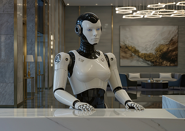 Futuristic Robot Receptionist in Modern Lobby
