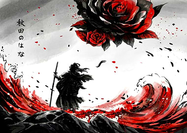 Samurai, Roses, and Waves Ink Art