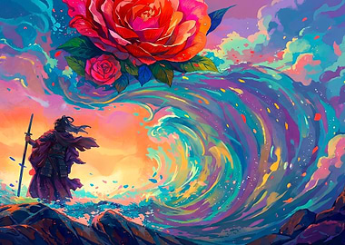 Samurai, Roses, and Colorful Wave