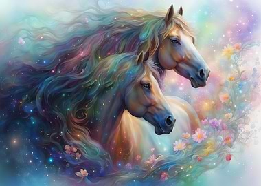 Two Beautiful Horses in a Dreamy Landscape Flowing Flowers Fantasy