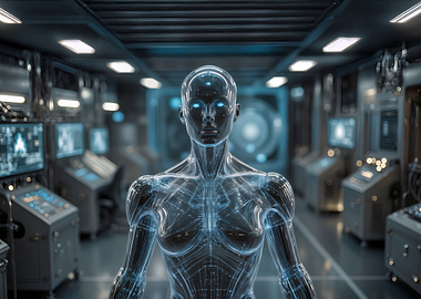 Futuristic Robot in Control Room