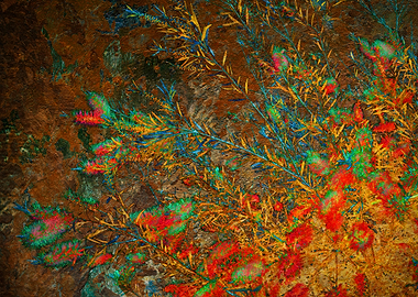 Bottle Brush Tree #1: Vibrant Floral Bush in Vivid Colors and Dark Textured Background