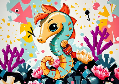 Cartoon Seahorse in Colorful Underwater Scene