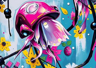 Cyberpunk Jellyfish with Floral Background