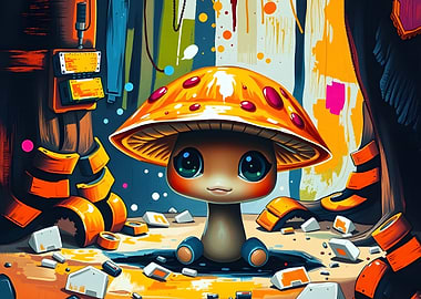 Cute Mushroom Character in Abstract Setting