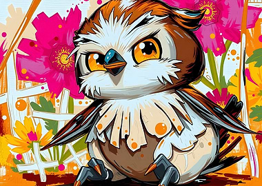Cartoon Owl with Floral Background