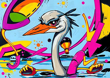 Cartoon Stork in Water Abstract Art