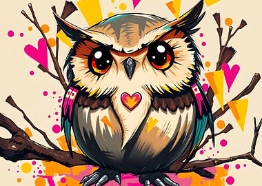 Colorful Cartoon Owl on Branch