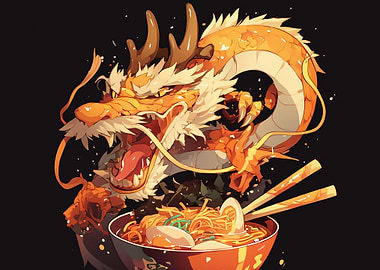 Dragon eating ramen bowl illustration