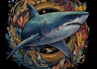 Shark Surrounded by Floral Elements