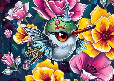 Whimsical Bird with Flowers