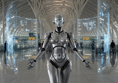 Futuristic Robot in Airport Terminal