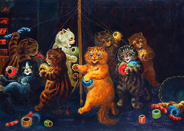 Cats Playing with Yarn Painting by louis wain