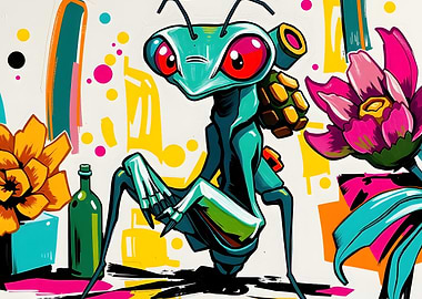 Cartoon Mantis with Flowers and Bottle