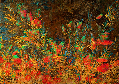 Bottle Brush Tree #3: Vibrant Floral Bush in Vivid Colors and Dark Textured Background