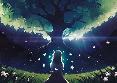 Girl under a magical tree