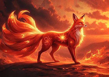 Nine-tailed Fox in Fiery Landscape