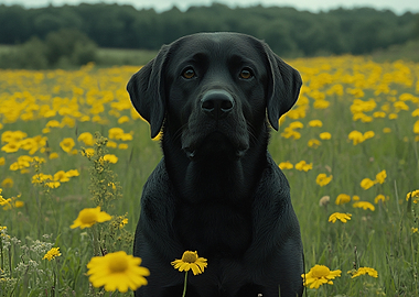 Black Labrador in a field of flowers