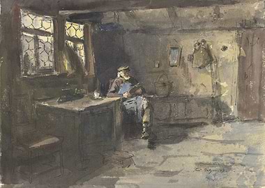 Old man sitting in a simple living room reading