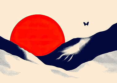 Minimalist Mountain Sunset with Butterfly