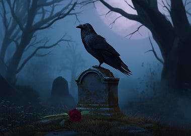 Raven on Tombstone with Rose