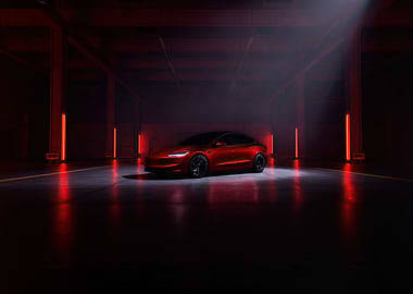 Red Tesla in a Dark Garage