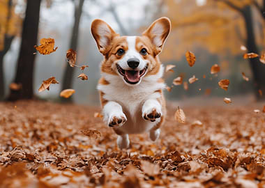 Happy Corgi Running in Autumn Leaves