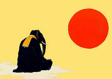 Meditating Elephant with Red Sun