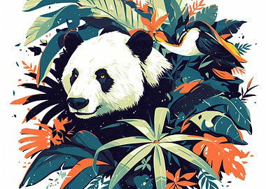 Panda and Bird in Tropical Foliage