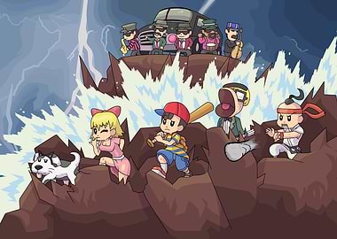 Earthbound characters escaping a flood