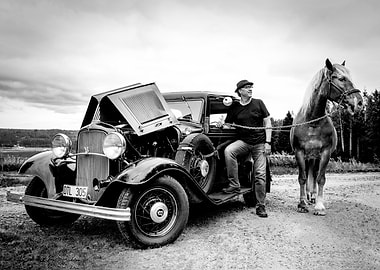 Vintage Car, Man, and Horse