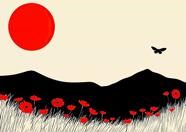Red Sun, Poppies, and Butterfly