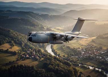 Military Transport Plane Over Rural Landscape