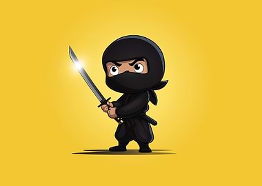 Cartoon Ninja with Sword on Yellow