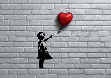 Girl with Heart Balloon on Brick Wall