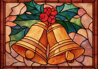 Stained Glass Christmas Bells and Holly