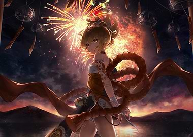 Girl with Fireworks Background