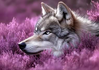 Wolf in Purple Heather Field