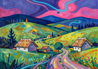 Colorful Rural Landscape with Glowing Lines