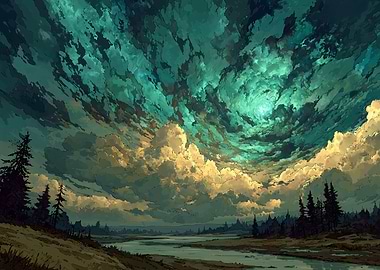 Dramatic Sky Landscape with River