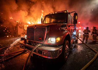 Firetruck at Night with Burning Building