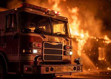 Firetruck in front of burning building