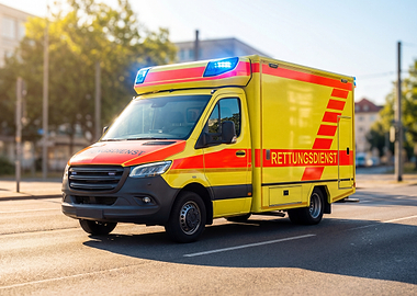 Yellow and Red Ambulance on Street
