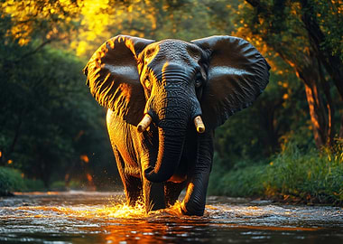 Elephant wading through river at sunset