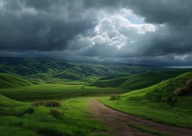 Green Hills Under Stormy Sky
