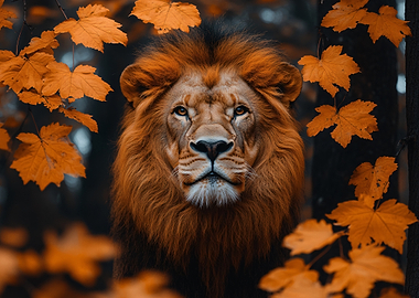 Lion portrait with autumn leaves