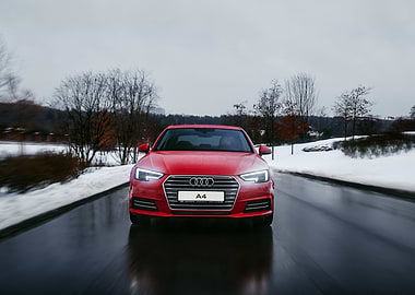 Red Audi A4 on Snowy Road