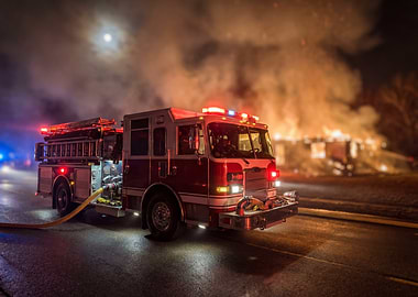 Firetruck at Night Fire Scene