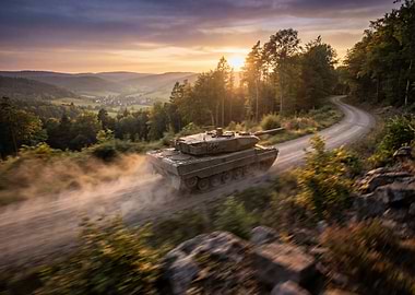 Leopard 2 Tank on a road at sunset
