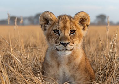 Lion Cub Portrait in Tall Grass
